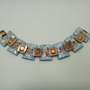 Vintage Coro Pegasus Copper and Enamel Blue Link Bracelet 40s-50s
